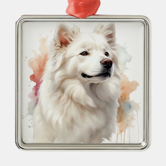 ORNAMENTO DE METAL BELO CÃO BRANCO SAMOÍDO DE FLUFFY (Frente)