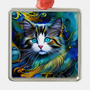 Ornamento De Metal Belo Gato Místico em Azuis e Dourados