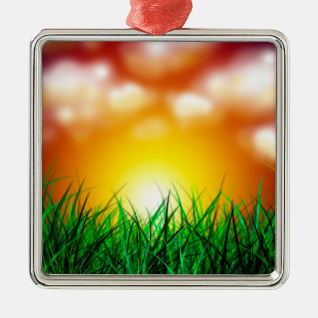 Ornamento De Metal Belo nascer do sol sobre um campo de grama (Frente)