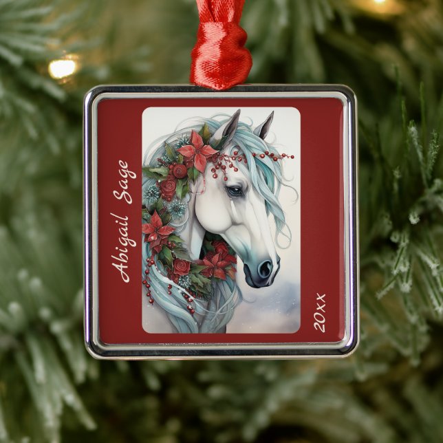 Ornamento De Metal Belo Natal de Cavalo Branco Personalizado (Árvore)