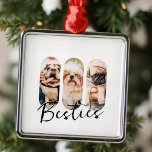 Ornamento De Metal Besties Pet Simple Modern Reproduzir Três Fotos<br><div class="desc">Esta design simples e moderna é composta por uma tipografia moderna e simples de escrita lúdica. Adicione fotos personalizadas do seu gato,  cão ou pássaros de estimação.</div>
