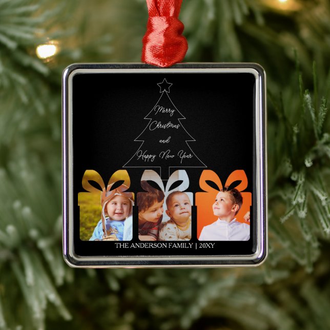 Ornamento De Metal Black White Family Photo Minimalist Christmas Tree (Árvore)