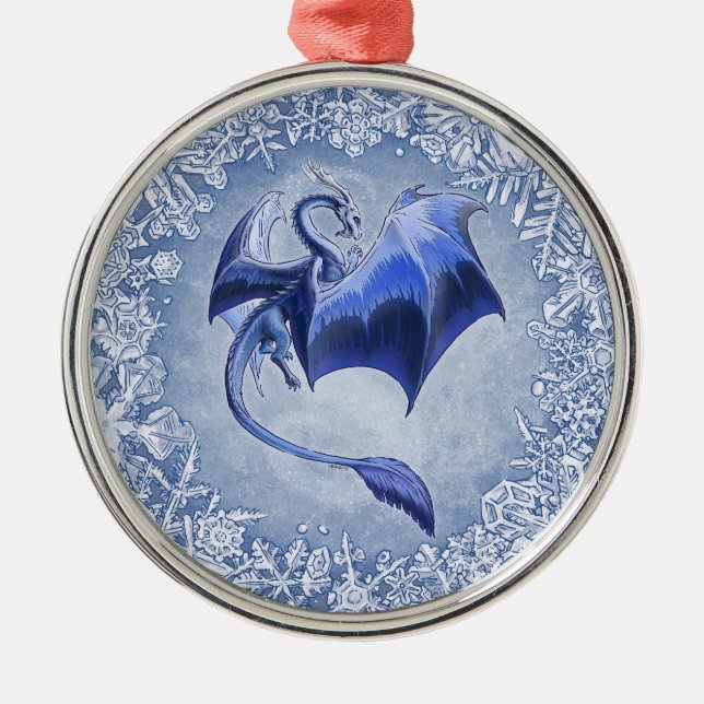 Ornamento De Metal Blue Dragon of Winter Fantasy Nature Art (Frente)