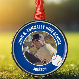 Ornamento De Metal Blue High School Baseball Player Photo Christmas