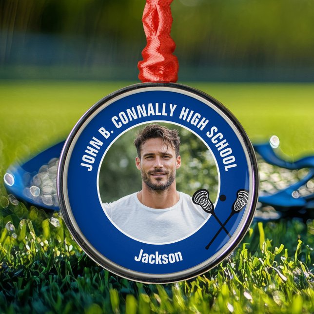 Ornamento De Metal Blue Lacrosse Player Photo High School Christmas (Criador carregado)