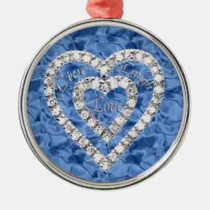 Ornamento De Metal Blue Round Live Laugh Love Diamond Hearnament