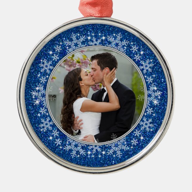 Ornamento De Metal Blue Snowflake Primeiro Natal Junto Foto (Frente)