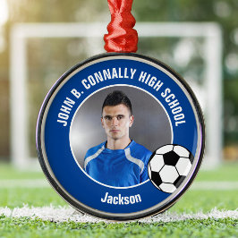 Ornamento De Metal Blue Soccer Player Photo High School Christmas