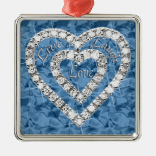 Ornamento De Metal Blue Square Live Laugh Love Diamond Hearnament