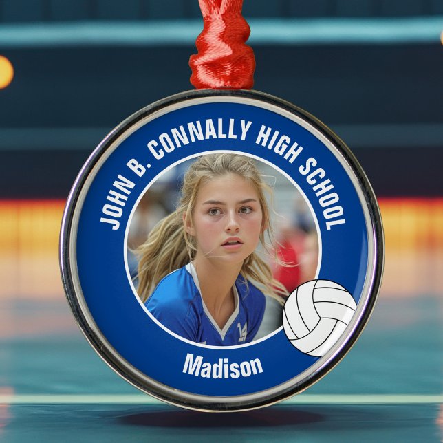 Ornamento De Metal Blue Volleyball Player Photo Christmas Gift (Criador carregado)