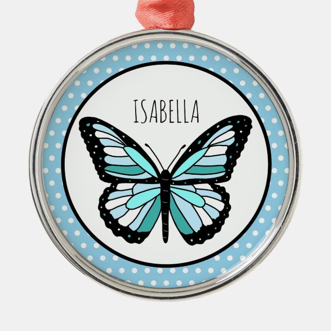 Ornamento De Metal Bolinhas de Borboleta Azul Natal Personalizado (Frente)