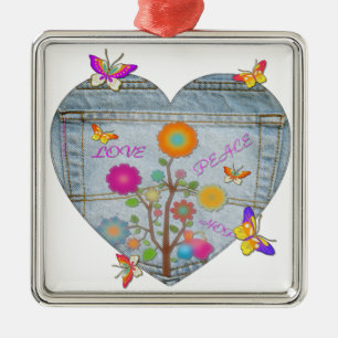 Ornamento De Metal Bolsos de Jeans Coração Flores Borboletas