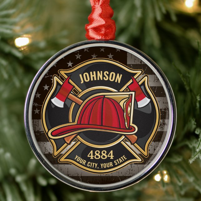 Ornamento De Metal Bombeiro NOME Fireman Fire Department USA Flag (Criador carregado)