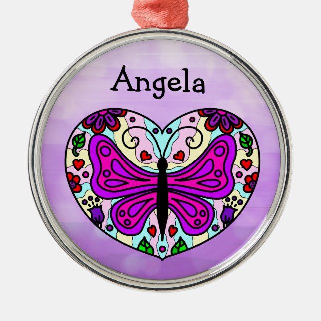 Ornamento De Metal Bonito borboleta roxa e Heart Mandala     (Frente)