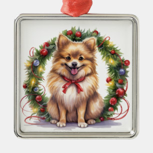 ORNAMENTO DE METAL BONITO NATAL HOLIDAY POMERANIANO CACHORRO E FOGO