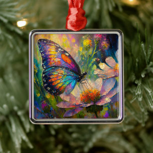 Ornamento De Metal Borboleta Colorida e Flores Silvestres ao Nascer d