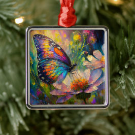 Ornamento De Metal Borboleta colorida e flores silvestres no nascer d