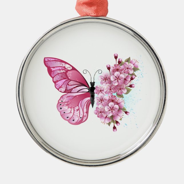 Ornamento De Metal Borboleta Flor com Sakura Rosa (Frente)