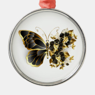 Ornamento De Metal Borboleta Flor Dourada com Orquídea Preta