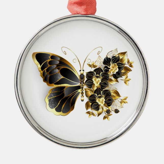 Ornamento De Metal Borboleta Flor Dourada com Orquídea Preta (Frente)