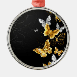 Ornamento De Metal Borboletas Douradas e brancas