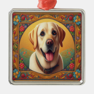 Ornamento De Metal Borda Colorida do Cachorro do Labrador Floral Retr