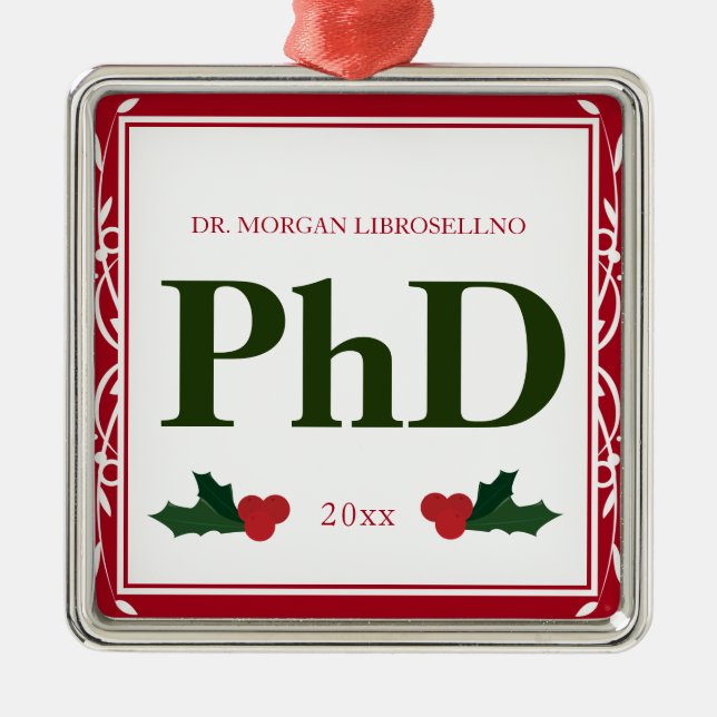 Ornamento De Metal Borda Red Green Holly Nome Ano PhD Graduação (Frente)