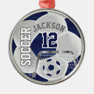 Ornamento De Metal Branca e Azul Escuro Personalizar ⚽ Bola de Fute