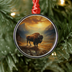 Ornamento De Metal Buffalo Bison Sunset Silhouette