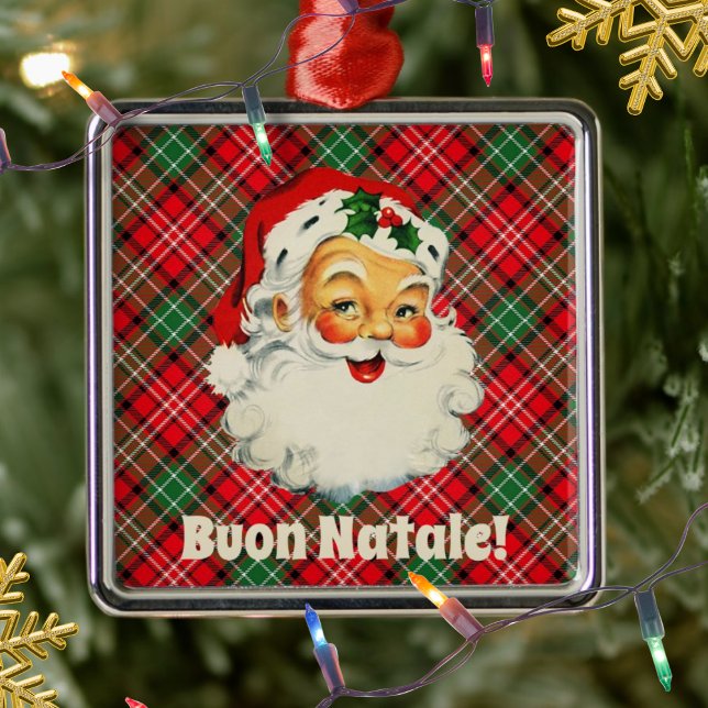 Ornamento De Metal Buon Natale Papais noeis de Natal italianos Xadrez (Vintage Santa Buon Natale
(Italian for Merry Christmas)
Red Plaid Ornament)