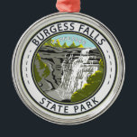 Ornamento De Metal Burgess Falls State Park Crachá do Tennessee<br><div class="desc">Ilustração Burgess Falls State Park em um círculo no estilo do crachá. O Parque Estadual de Burgess Falls é um parque estadual e uma área natural estatal no Condado de Putnam e no Condado de White,  Tennessee.</div>