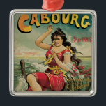 Ornamento De Metal Cabourg, France Beach Resort, Viagens vintage Art<br><div class="desc">Ilustração de Vintage Etiqueta europeia de poster de viagens ou bagagem para Cabourg,  França,  por Edouard Elzingre,  com uma mulher morena numa roupa de banho à moda antiga a brincar nas ondas da praia. Cabourg é uma cidade de resort no oceano na região Normandia de França.</div>