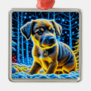 Ornamento De Metal Cachorro Bonito Brincando no Natal da Neve