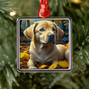 Ornamento De Metal Cachorro brincando nas folhas de outono