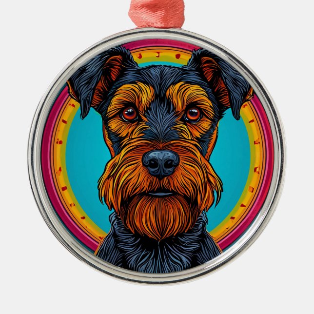 Ornamento De Metal Cachorro com Design de Fundo Circular Vibrante (Frente)
