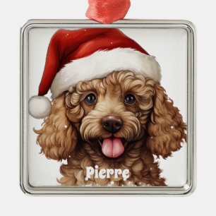 ORNAMENTO DE METAL CACHORRO DE POODLE DE NATAL COM CHAPÉU DE SANTA