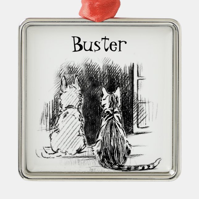 Ornamento De Metal Cachorro e Gato Olhando para a Janela, Simpatia Pe (Frente)