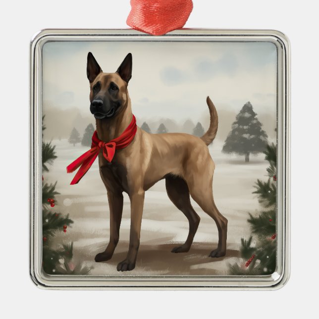 Ornamento De Metal Cachorro Malinois belga no Natal da neve (Frente)
