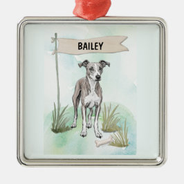 Ornamento De Metal Cachorro Personalizado de Aquarela Whippet