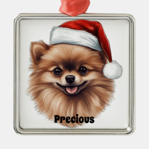ORNAMENTO DE METAL CACHORRO POMERANIANO DE NATAL COM CHAPÉU SANTA