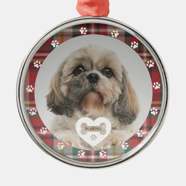 Ornamento De Metal Cachorro Shih Tzu Xadrez Pai Pet Foto Natal Férias (Frente)