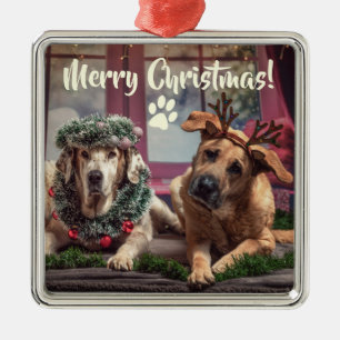 Ornamento De Metal Cachorros de Foto Engraçados em Antlers de Natal e