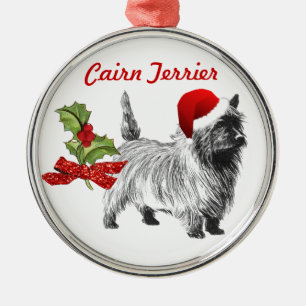 Ornamento De Metal Cairn Terrier w/Papai noel Boné Holly Christmas