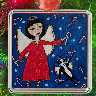 Ornamento De Metal Candy Cane Angel Cat Art de Natal