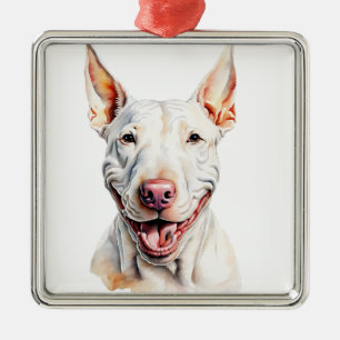 ORNAMENTO DE METAL CÃO BULL TERRIER BRANCO AQUARELA