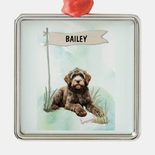 Ornamento De Metal Cão de Água Português Aquarela Cachorro Personaliz