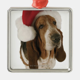 Ornamento De Metal Cão de Basset no chapéu do papai noel