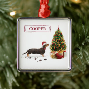 Ornamento De Metal Cão de Natal Negro e Tan Dachshund Engraçado