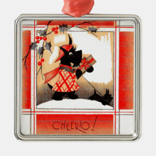 Ornamento De Metal Cão escocês de Natal de 1930 diz "Cheerio"