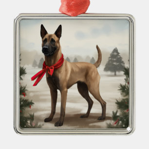 Ornamento De Metal Cão Malinois Belga na Neve Natal